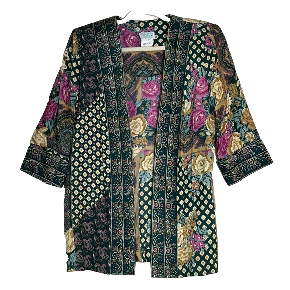 Vtg‎ Lady Carol Petites of NY Open Cardigan Jacket Sz 8 Boho Floral 3/4 Sleeves